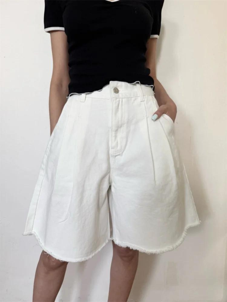 Summer Clothing Y2K - Calças Jeans Curtas Femininas Plissadas Sólidas