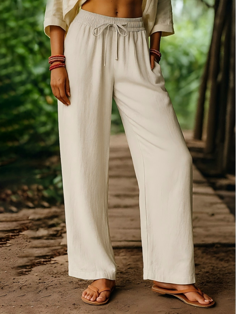 Palazzo Pant Wide - Calças femininas de linho com cintura