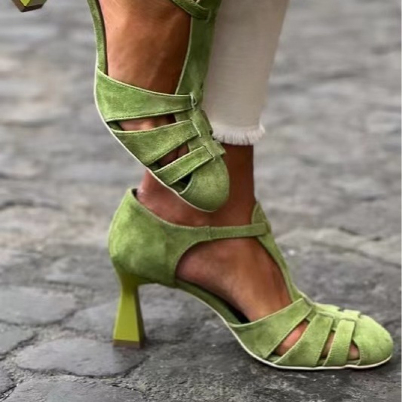 Summer Clothing Elegant - Sandálias Femininas Verdes de Camurça com