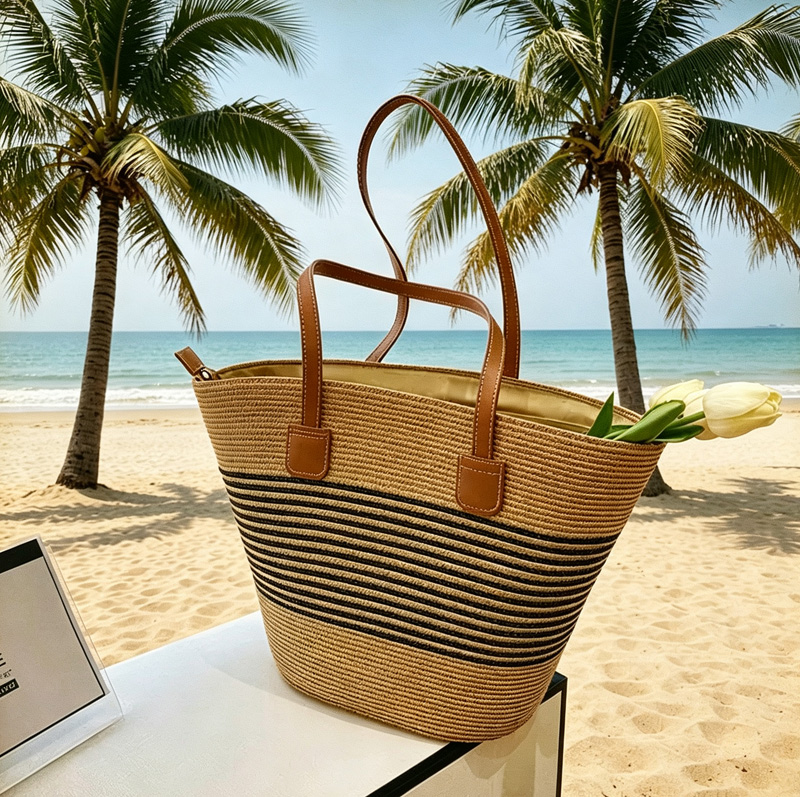 Beach Bag Straw - CLAREGQI Bolsa feminina listrada de palha,